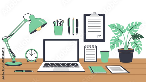 Modern desk setup with laptop, office supplies, and plant in minimalist art style