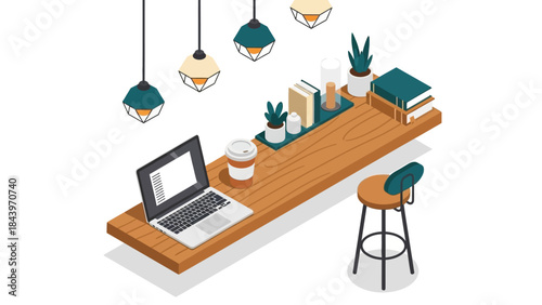 Modern isometric workspace with laptop and coffee on wooden counter