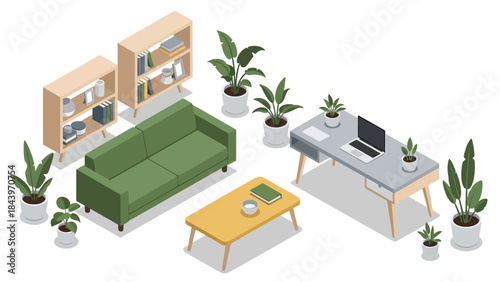 Modern isometric home office with green sofa and plants