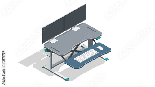 Modern isometric dual monitor desk setup with keyboard and mouse on adjustable stand