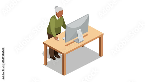 Elderly person using computer in isometric office setting