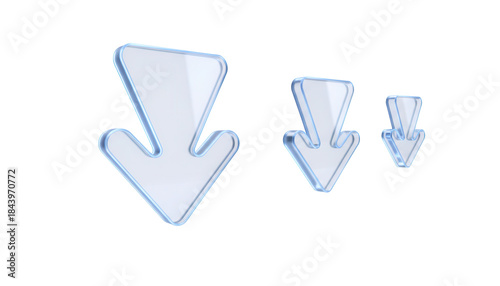 Minimal, transparent UIUX arrows with a simple, downward pointing shape and a subtle, glowing blue edge, a 3D glassmorphism arrow icon set isolated on white