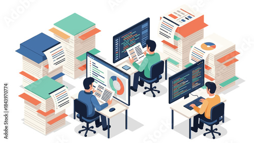 Isometric office workflow with programmers and stacks of papers in a modern workspace