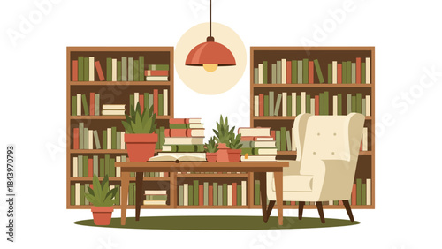 Cozy reading room with bookshelves, armchair, and plants in flat design