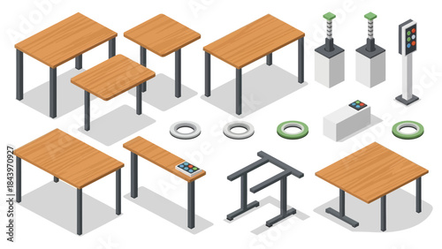 Modern office furniture and equipment in isometric style for interior design