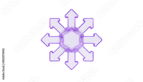 Minimal, multi directional hub pointers with a central, intersecting shape and a vibrant, futuristic purple glow, a 3D glassmorphism arrow icon set isolated on white