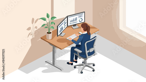 Businesswoman analyzing data in modern office workspace with dual monitors