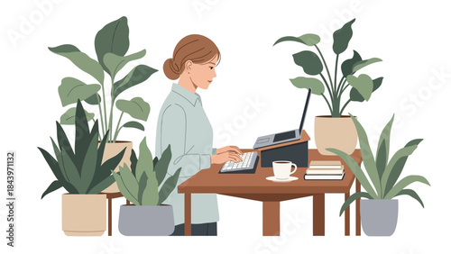 Woman working at home surrounded by indoor plants