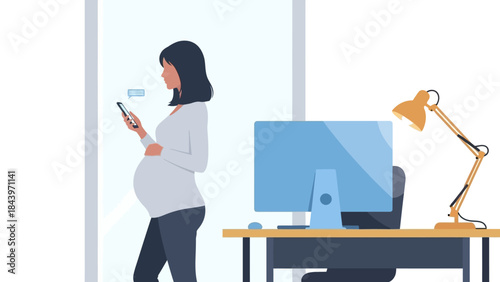 Pregnant woman at work checking phone messages in modern office setting