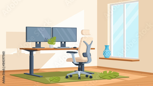 Modern home office with ergonomic chair and dual monitors in bright workspace