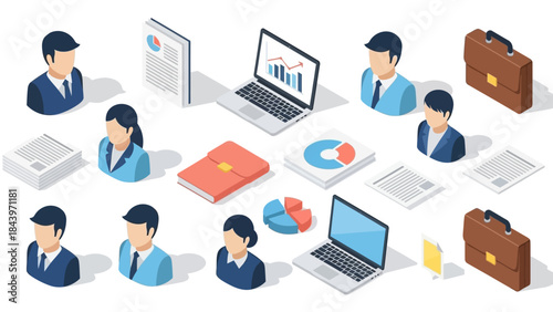 Isometric office elements with laptops charts business documents and briefcases