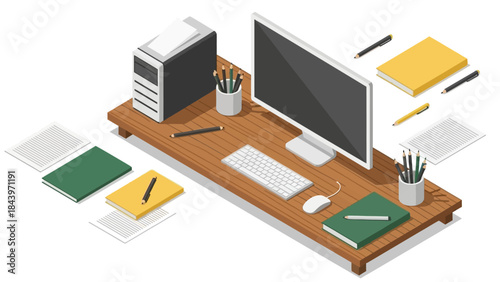 Modern workspace: isometric desk with computer and office supplies