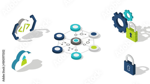 Isometric network security and cloud computing concept with gears and locks