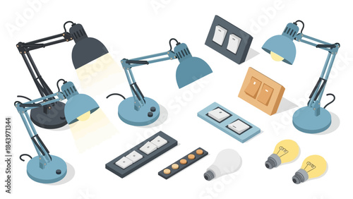 Isometric desk lamps and light switches set for modern interior design