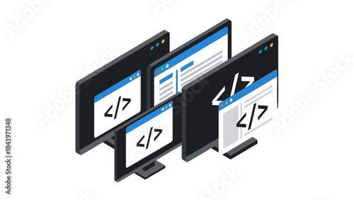 Isometric computer monitors displaying coding screens in a modern digital environment