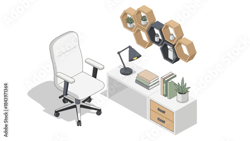 Modern office setup with white chair and hexagonal shelves in isometric style