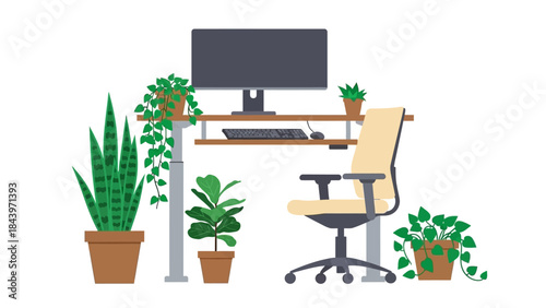 Modern home office with standing desk and indoor plants for a productive workspace