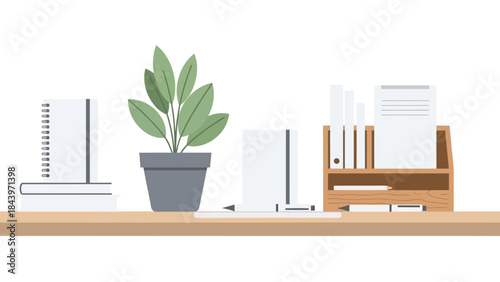 Minimalist desk setup with plant and bookshelf for modern home office