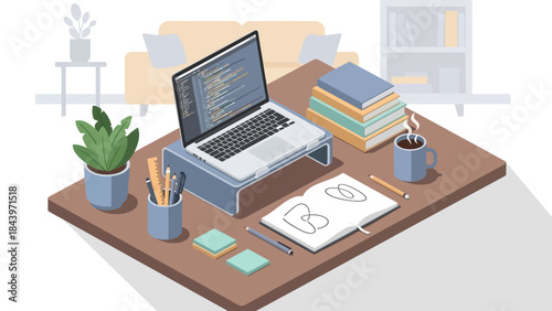 Cozy home workspace with laptop and open notebook in modern minimalist design