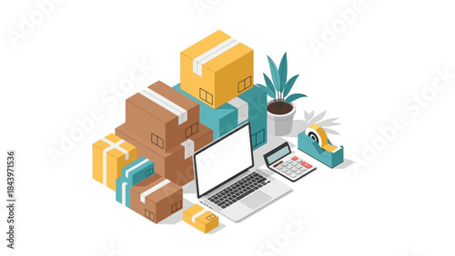 Isometric shipping workspace with laptop, boxes, and office supplies