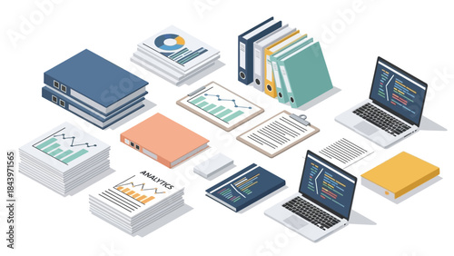 Isometric office workspace with files, laptops, and analytics charts