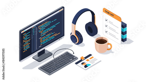 Modern workspace with computer, headphones, and coffee in isometric design
