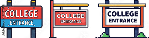 Three college entrance signs with colorful designs, displaying the word 'COLLEGE' prominently, isolated on a transparent background.