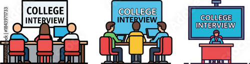 Group of people participating in a college interview session with screens, in an office setting, colorful illustration on a transparent background