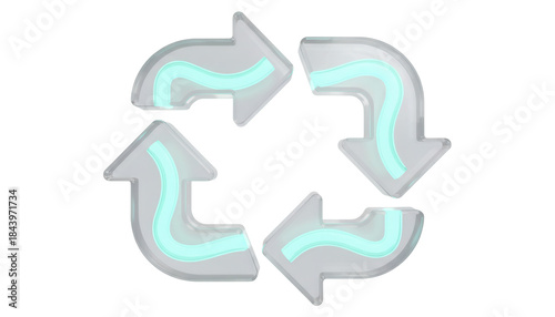 Looping, U turn process symbols with a continuous, flowing motion and a glowing, transparent teal core, a D glassmorphism arrow icon set isolated on white