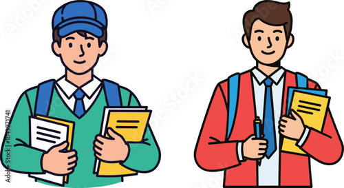 Two male students holding books and notebooks on a transparent background, one in a green sweater and the other in a red jacket, ready for school.