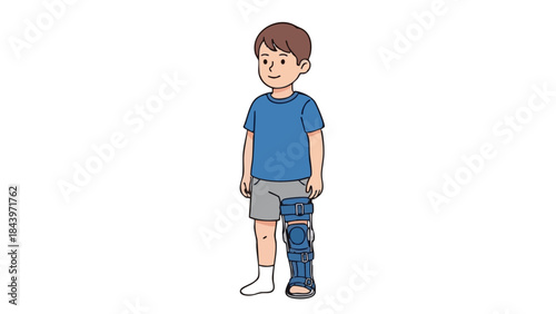 Young boy standing with orthopedic brace on his leg in casual attire  