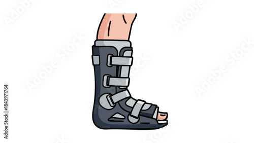 Fracture boot on a foot for medical treatment and recovery concept  