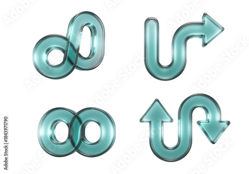 Looping, U turn process symbols with a continuous, flowing motion and a glowing, transparent teal core, a D glassmorphism arrow icon set isolated on white