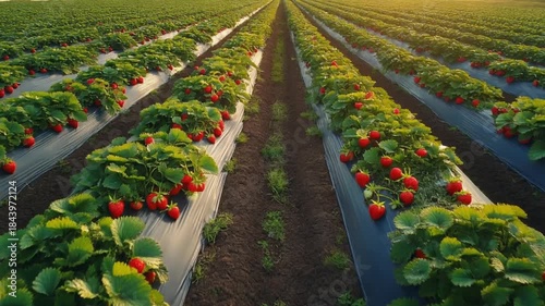Rows of ripe red strawberries growing in a field under a warm sunset glow, covered with plastic mulch.