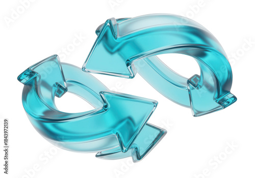 Looping, circular process arrows with a continuous, rotating motion and a vibrant, translucent cyan gradient, a 3D glassmorphism arrow icon set isolated on white