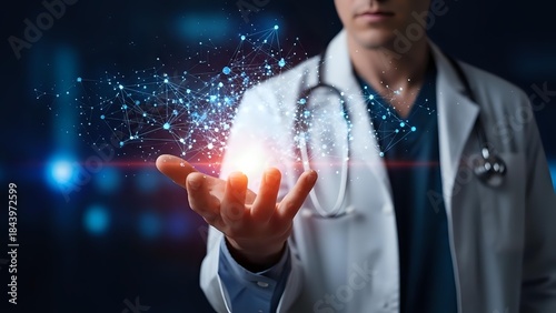 Doctor holding glowing digital network connections representing telemedicine, healthcare technology innovation, and medical data connectivity solutions.