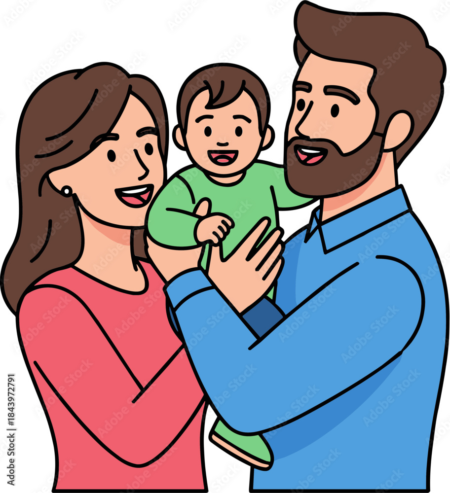 Obraz premium Smiling parents holding their happy baby in a playful moment on a dark background, family love and joy captured in a bright illustration.