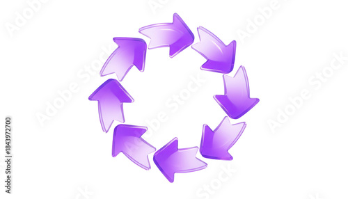 Looping, circular data flow arrows with a continuous, rotating motion and a vibrant, translucent purple gradient, a 3D glassmorphism arrow icon set isolated on white