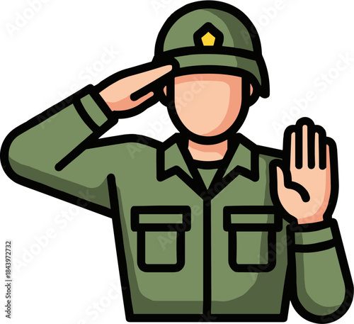Soldier saluting and waving in a military uniform with a green background and simple design