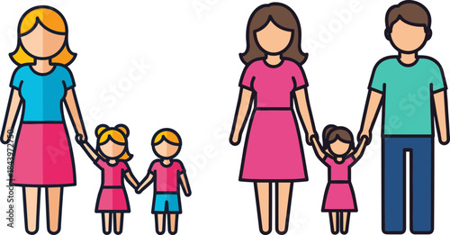 Two families holding hands with children, female and male parents, colorful illustration on a transparent background