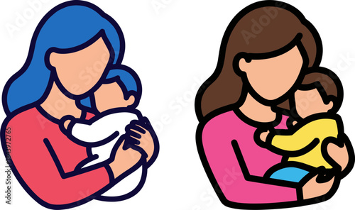 Two mothers holding their infants with love in a colorful cartoon style on a transparent background.