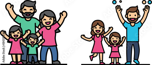 Happy family members celebrating together, two adults and three children, in colorful outfits, isolated on a transparent background