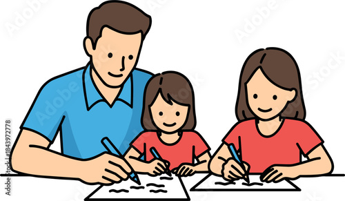 Father and two children drawing together at home, engaging in creative art activity on white paper, isolated on a transparent background