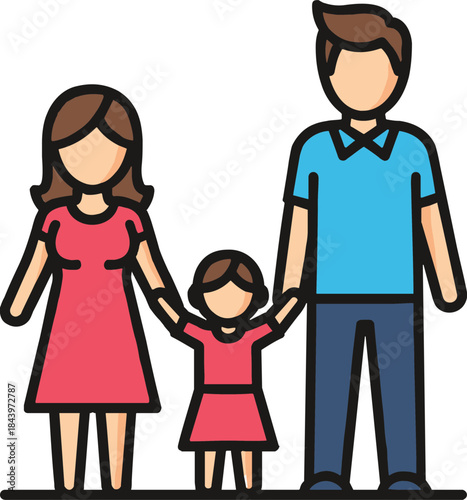 Illustration of a happy family with a father, mother, and daughter holding hands, colorful style on a transparent background
