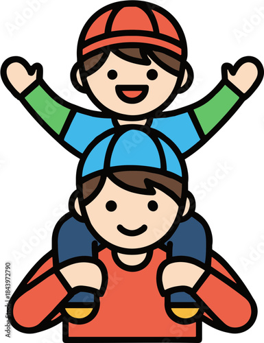 Father and son playing together, with the child on shoulders, smiling happily, colorful attire, isolated on transparent background