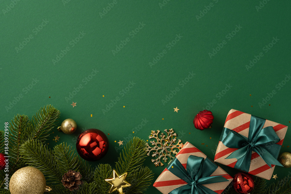 Fototapeta premium Festive christmas gifts and ornaments arranged on a green background with pine branches, gold and red accents, celebrating holiday spirit and New Year greeting imagery