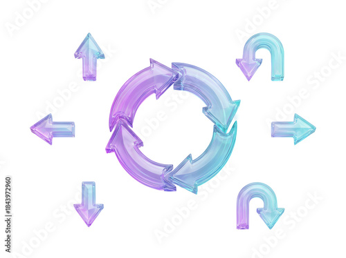 Futuristic, rotating navigation symbols with a circular, spinning motion and a glowing purple and cyan finish, a 3D glassmorphism arrow icon set isolated on white