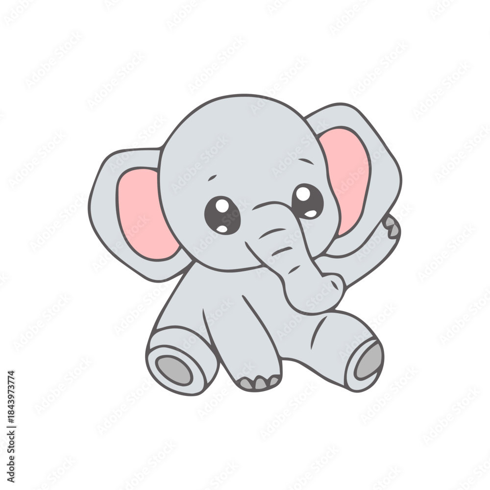 Naklejka premium Cute cartoon baby elephant holding a blank sign and smiling on a white background