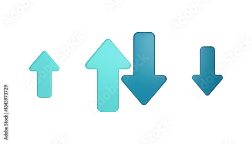 Futuristic growth and decline arrows with a split, dual direction design and a professional cyan gradient, a 3D glassmorphism arrow icon set isolated on white