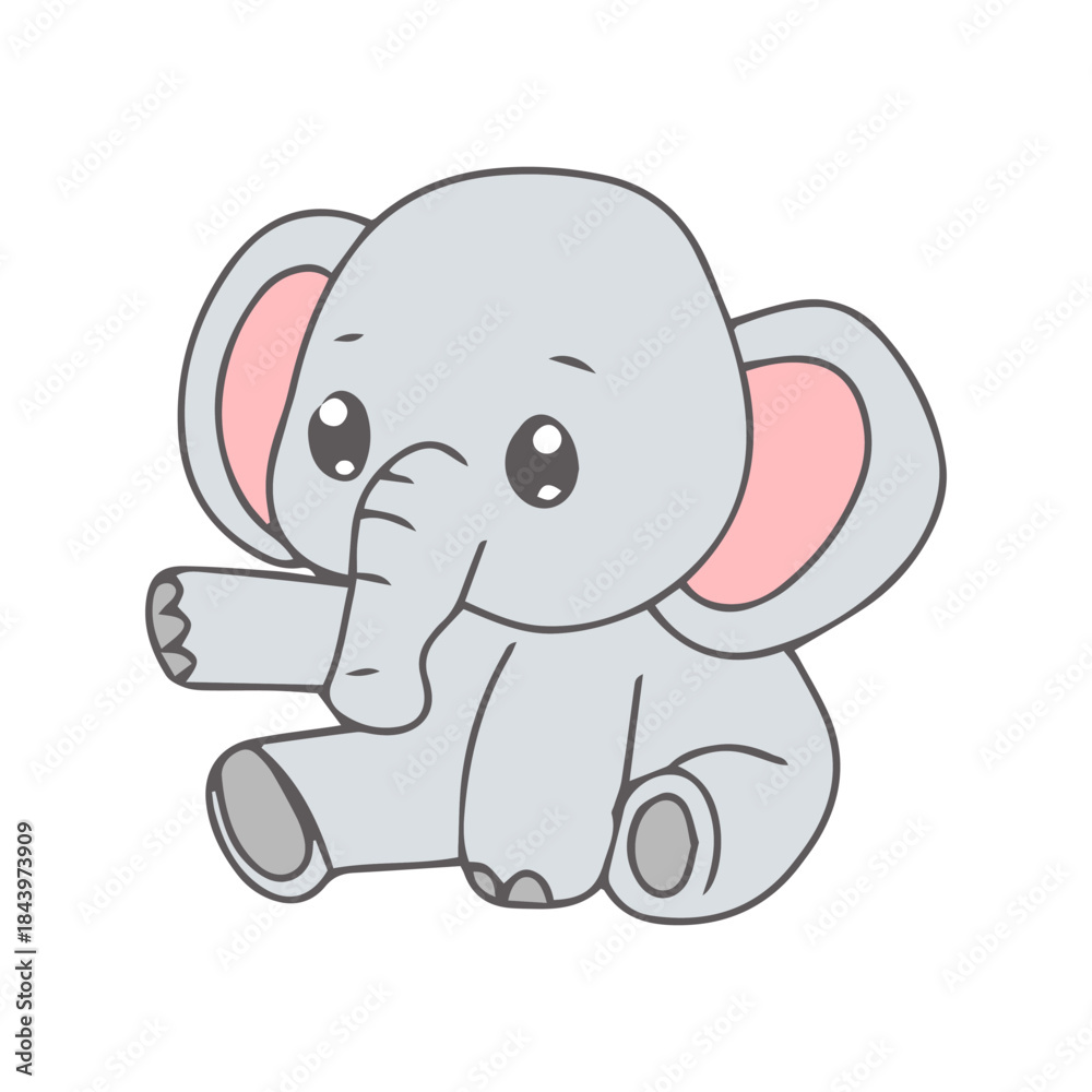 Fototapeta premium Adorable cartoon baby elephant sitting with its trunk raised and waving, perfect for children's themes and illustrations